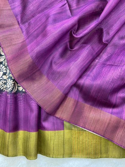 Purple and Olive Tussar Silk Colour Block Saree
