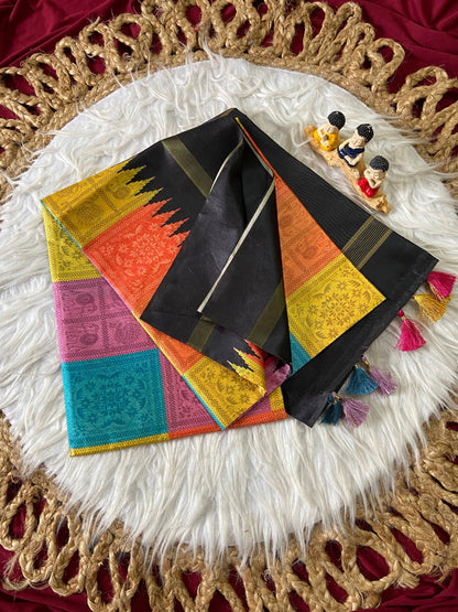 Black and Multicolour Tussar Silk Multicolour Check Saree