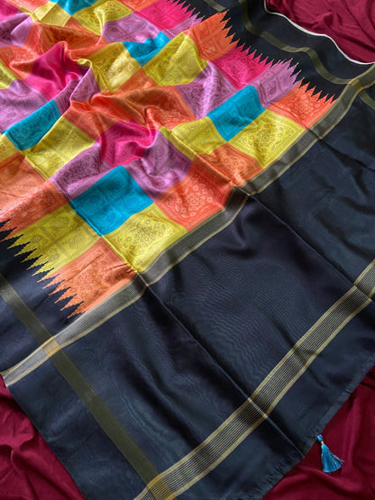 Black and Multicolour Tussar Silk Multicolour Check Saree