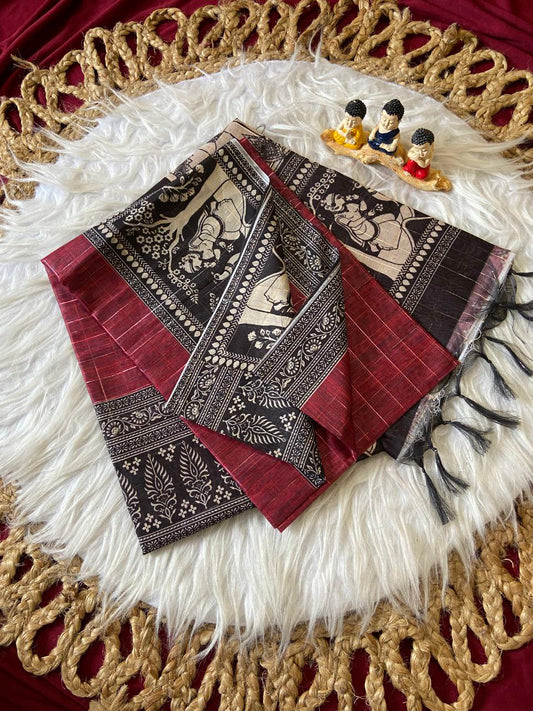 Maroon Semi Tussar Silk Printed Saree