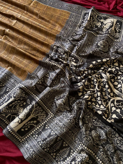 Mustard Brown Semi Tussar Silk Printed Saree