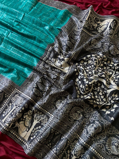 Teal Green Semi Tussar Silk Printed Saree