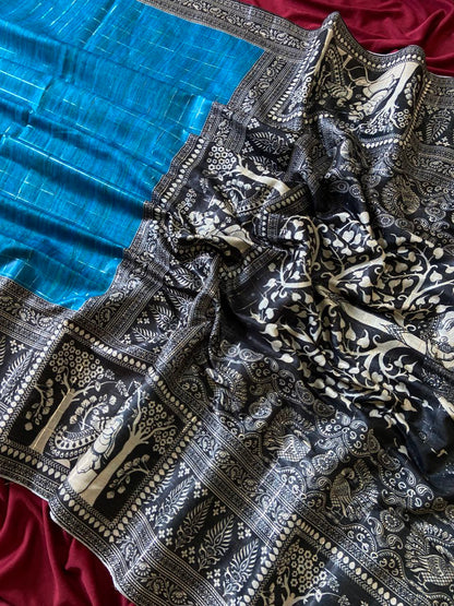 Blue Semi Tussar Silk Printed Saree