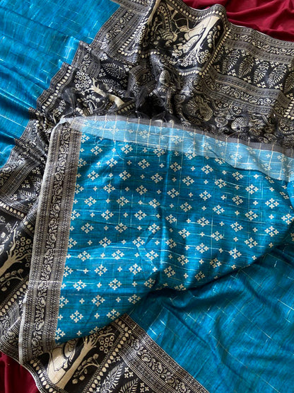 Blue Semi Tussar Silk Printed Saree