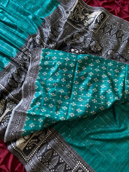 Teal Green Semi Tussar Silk Printed Saree