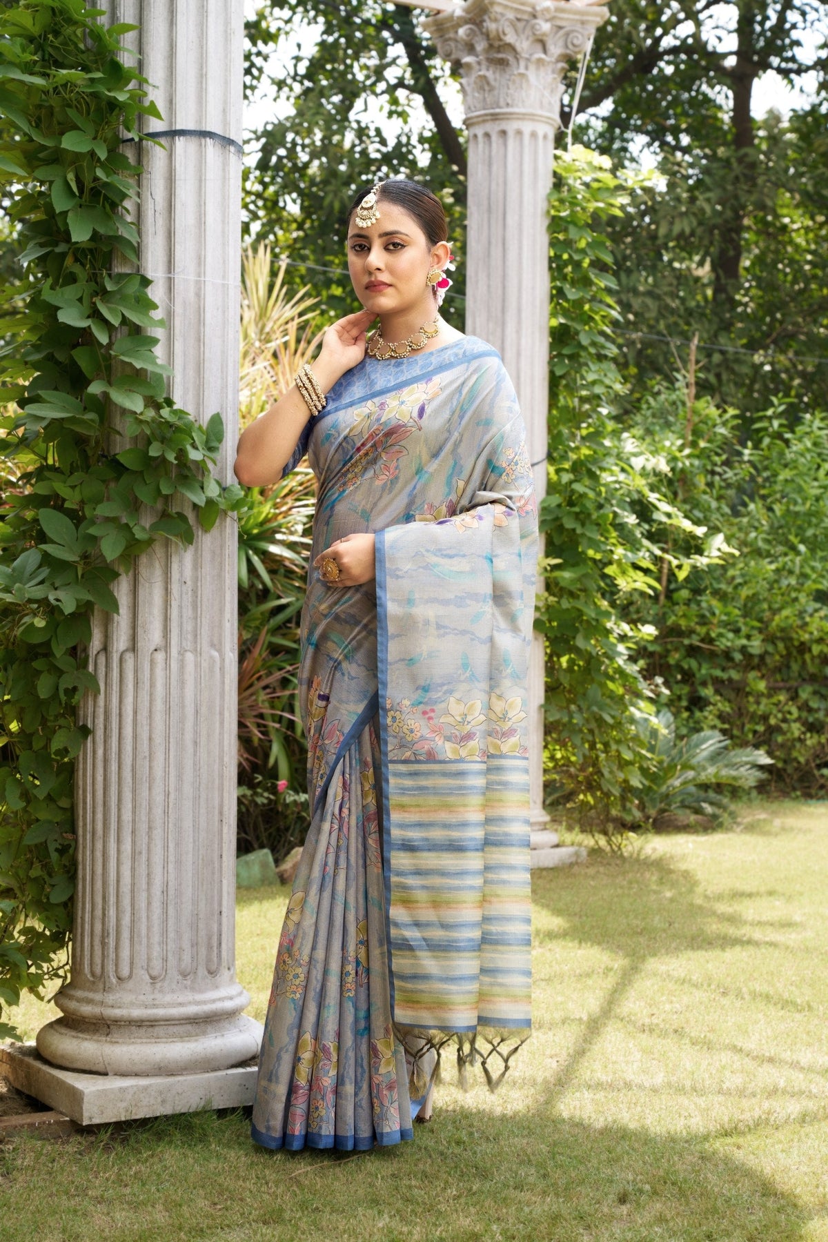 Powder Blue Tussar Silk Zari Line Saree