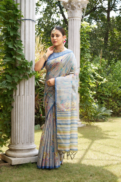 Powder Blue Tussar Silk Zari Line Saree