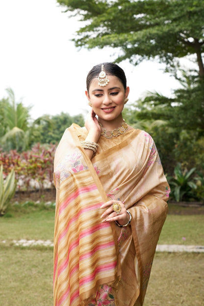 Mustard Tussar Silk Zari Line Saree
