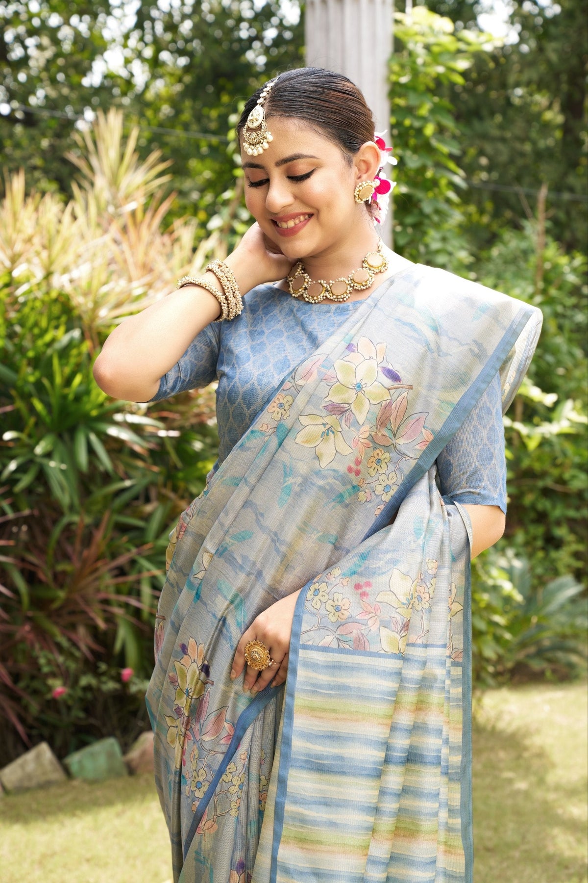 Powder Blue Tussar Silk Zari Line Saree