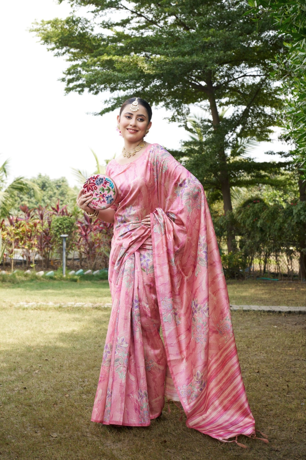 Rose Pink Tussar Silk Zari Line Saree