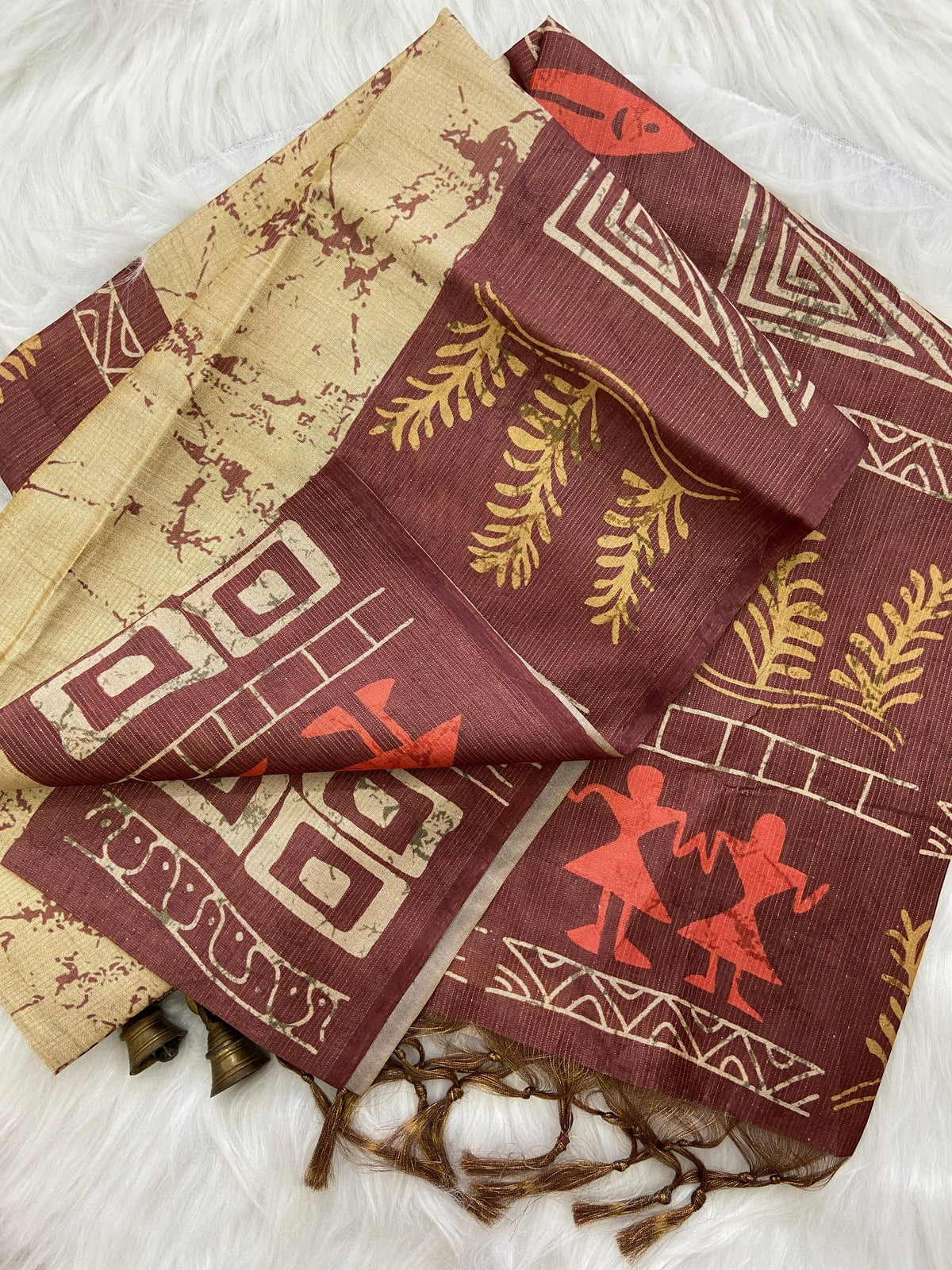 Rust Maroon Tussar Silk Tribal Print Saree