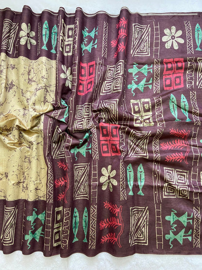 Wine Tussar Silk Tribal Print Saree