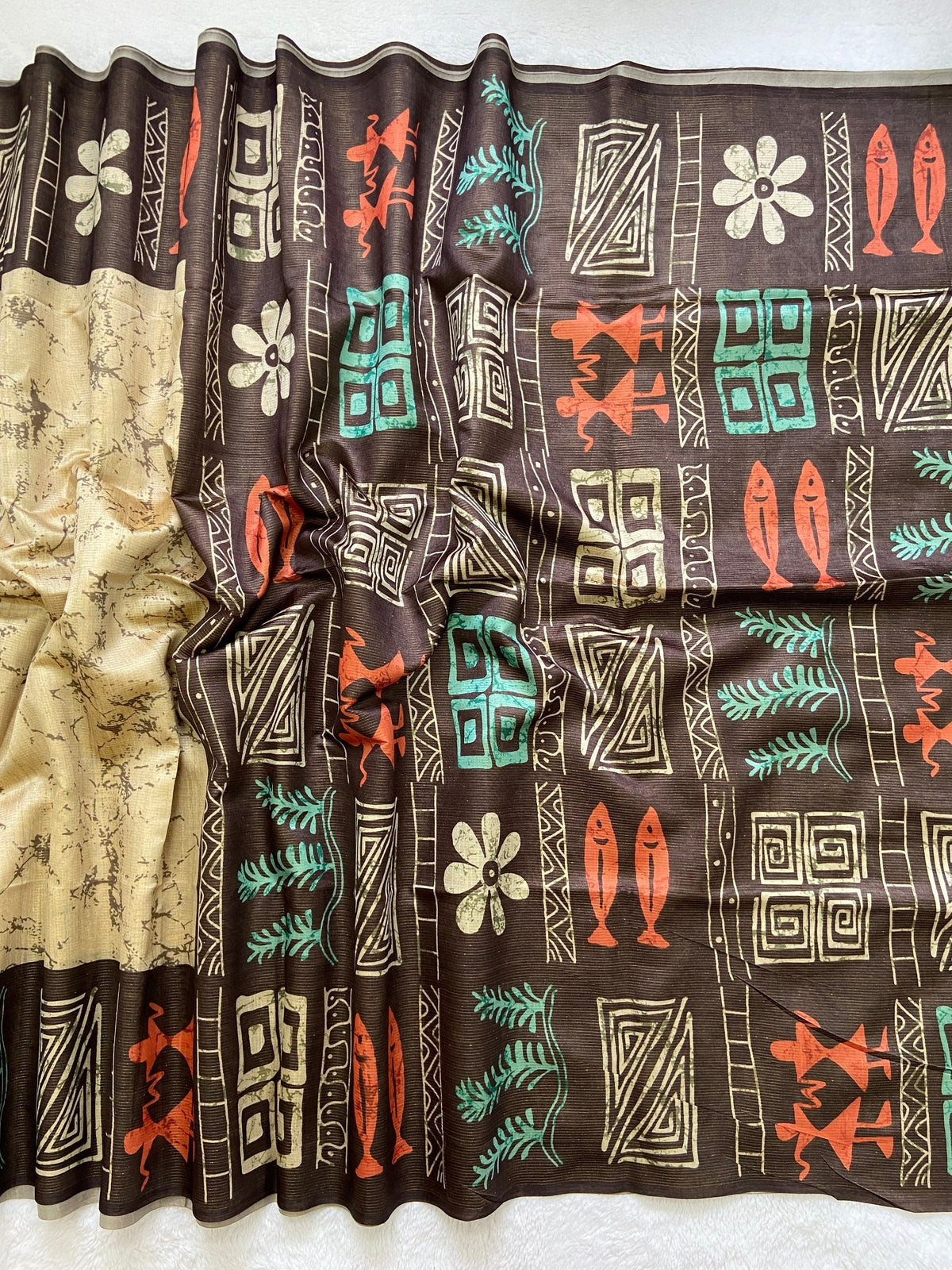 Brown Tussar Silk Tribal Print Saree