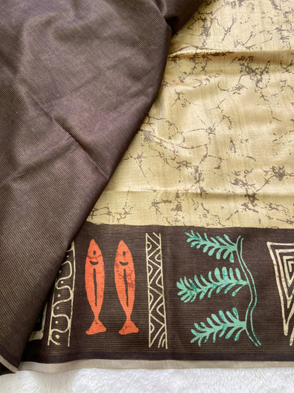 Brown Tussar Silk Tribal Print Saree