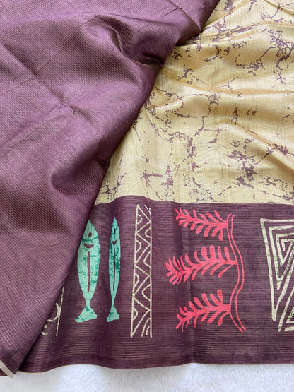 Wine Tussar Silk Tribal Print Saree