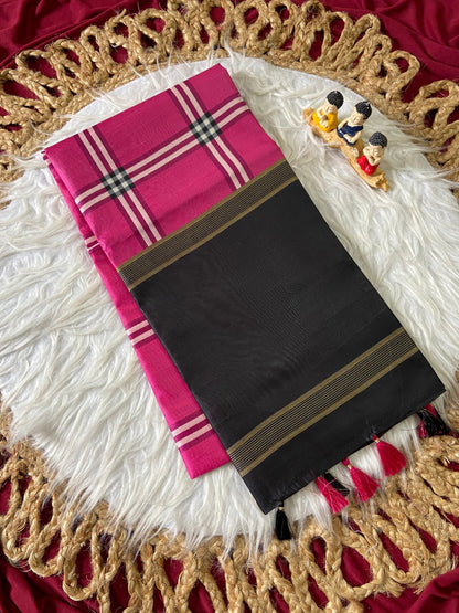 Rani Pink Tussar Silk Plaid Saree
