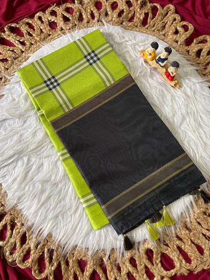 Lime Green Tussar Silk Plaid Saree