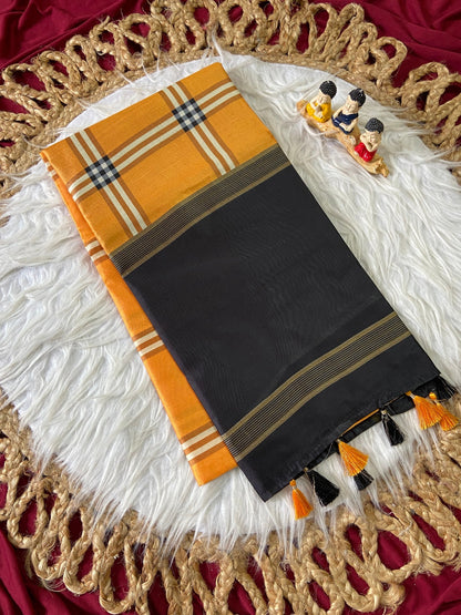 Mustard Tussar Silk Plaid Saree