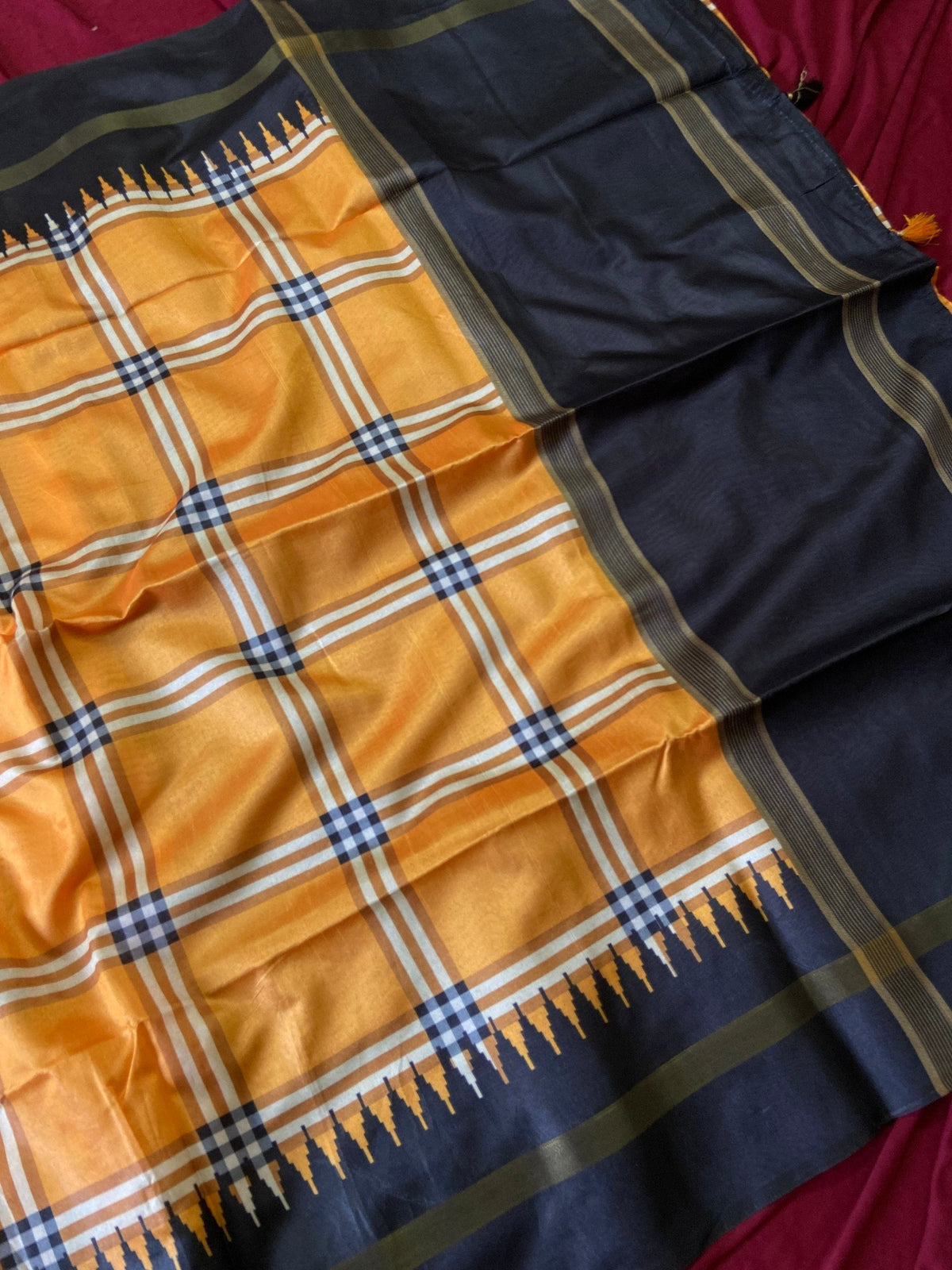 Mustard Tussar Silk Plaid Saree