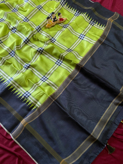 Lime Green Tussar Silk Plaid Saree
