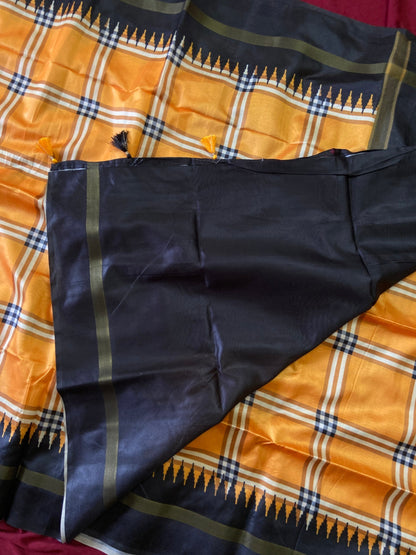 Mustard Tussar Silk Plaid Saree