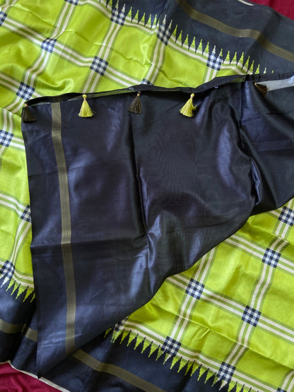 Lime Green Tussar Silk Plaid Saree