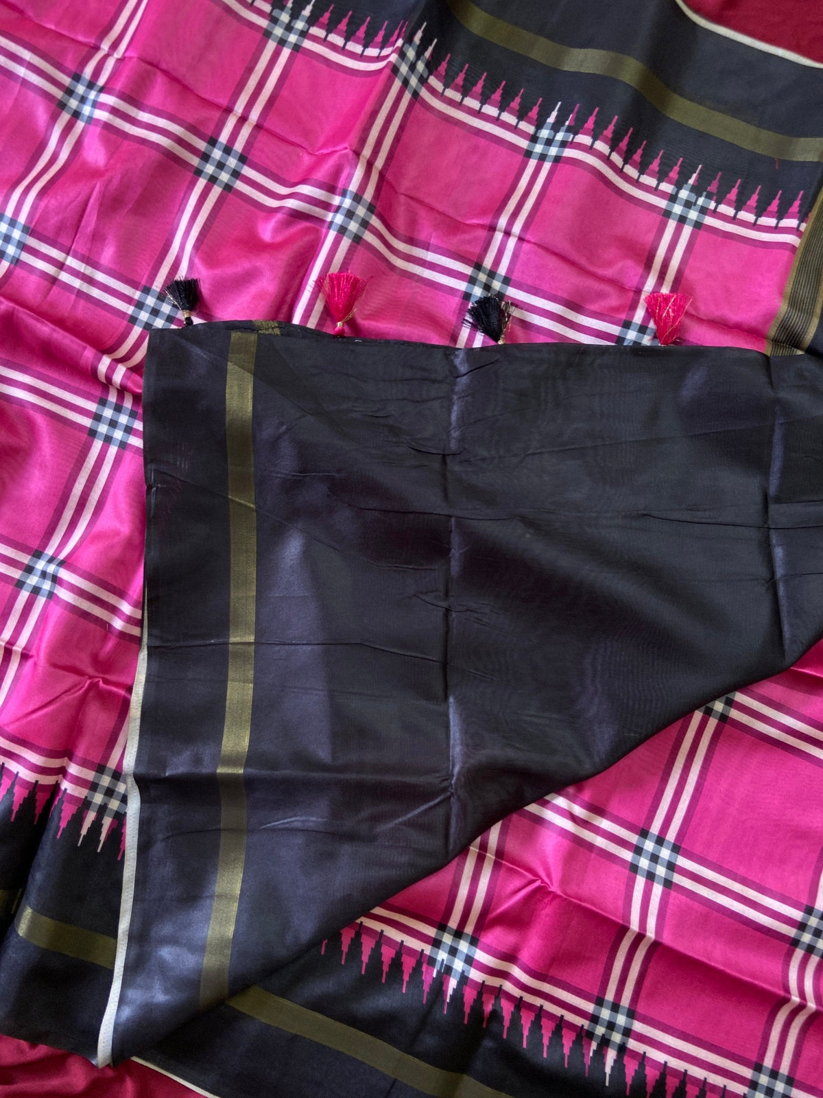 Rani Pink Tussar Silk Plaid Saree