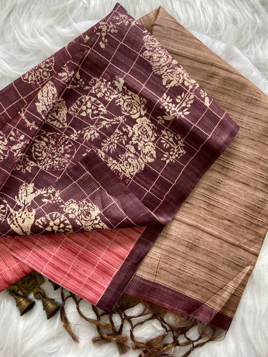 Maroon Tussar Silk Digital Print Saree