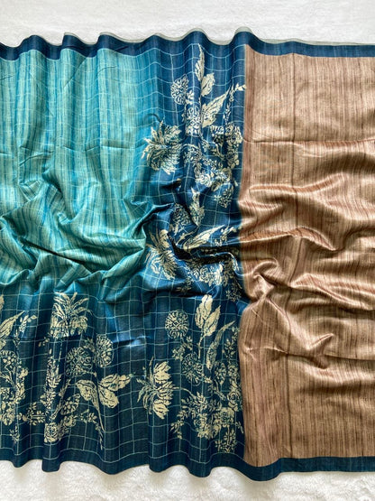 Teal Blue Tussar Silk Digital Print Saree