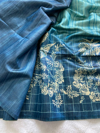 Teal Blue Tussar Silk Digital Print Saree