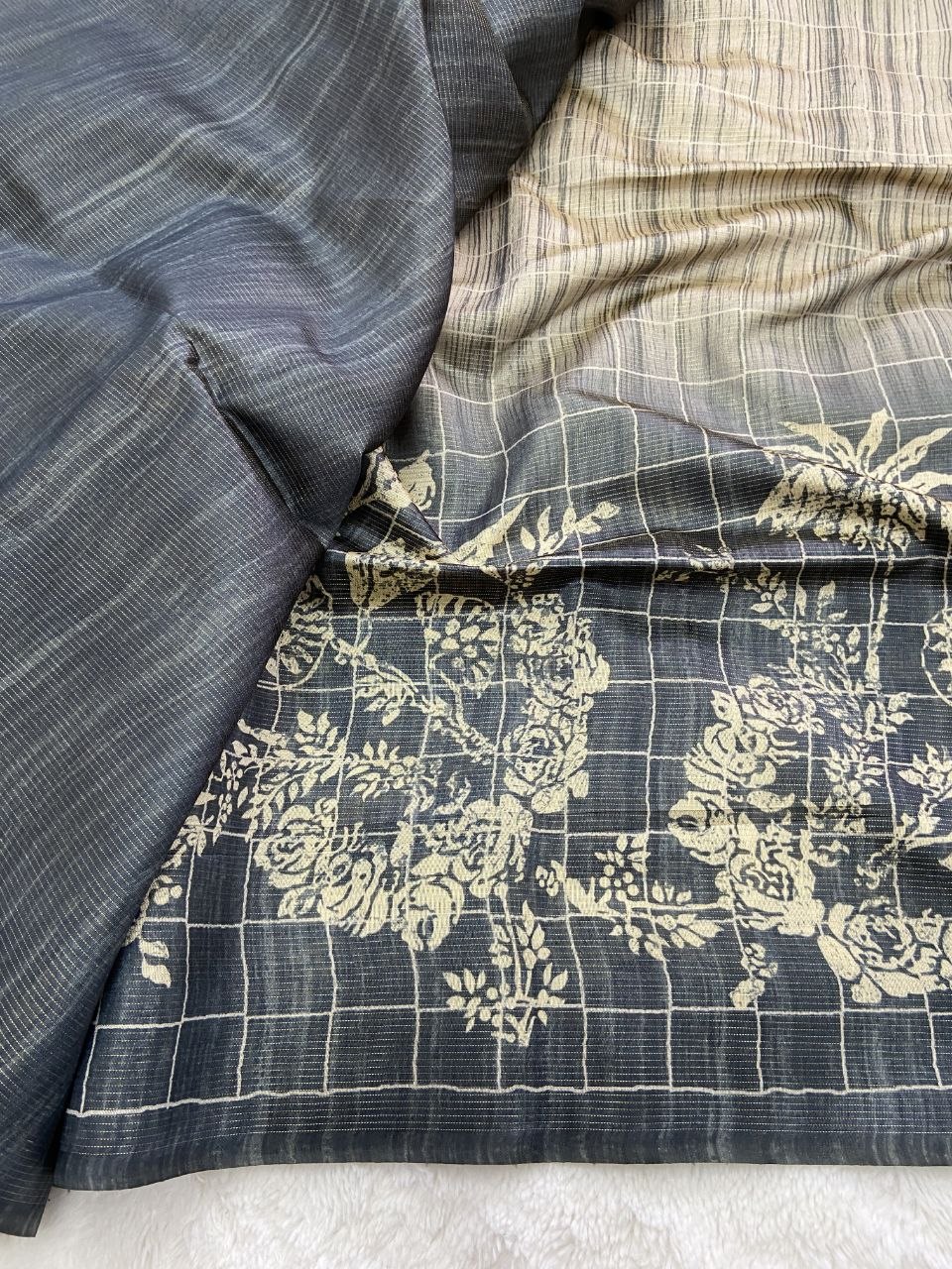 Charcoal Navy Tussar Silk Digital Print Saree