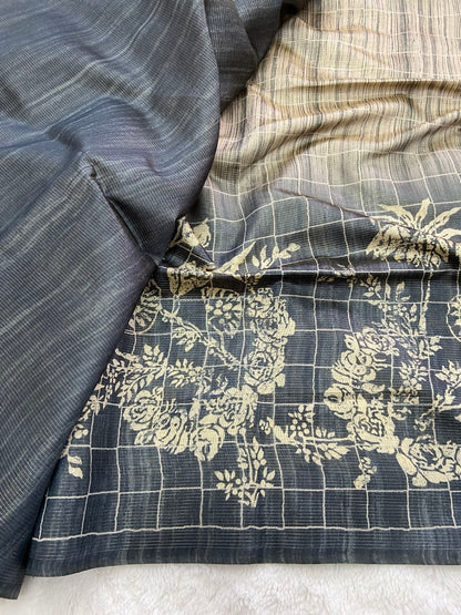 Charcoal Navy Tussar Silk Digital Print Saree