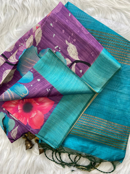 Purple and Sky Blue Tussar Silk Printed Saree with Contrast Pallu