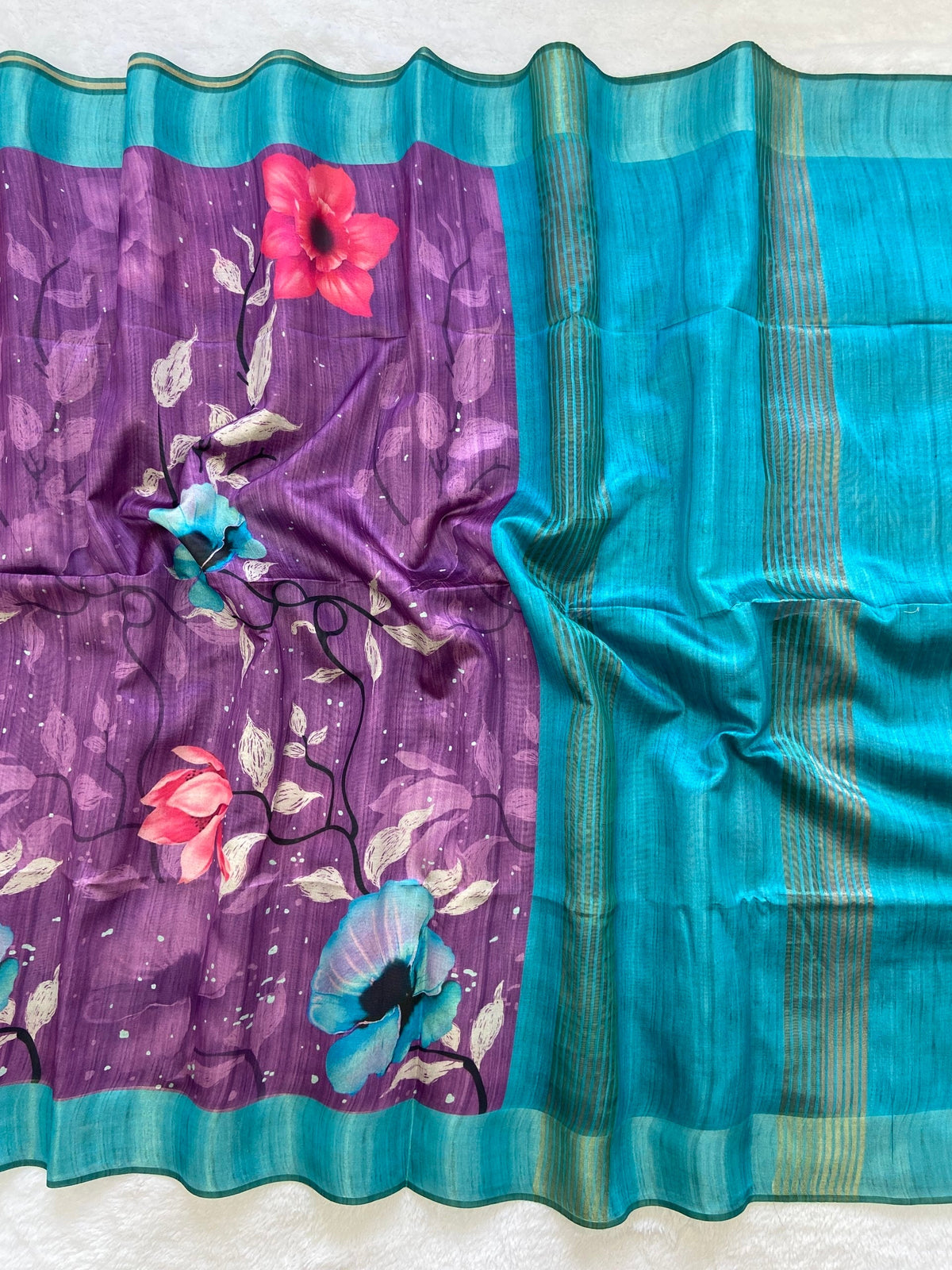 Purple and Sky Blue Tussar Silk Printed Saree with Contrast Pallu