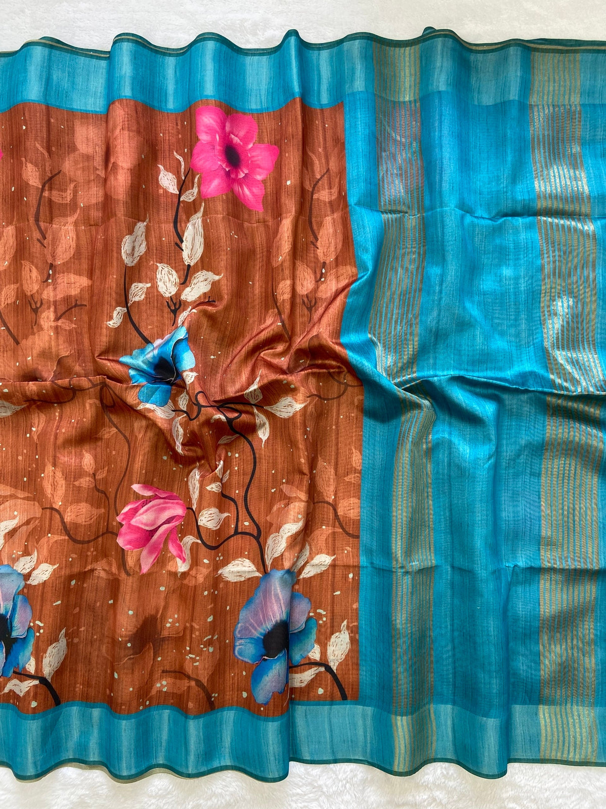 Rust and Sky Blue Tussar Silk Printed Saree with Contrast Pallu