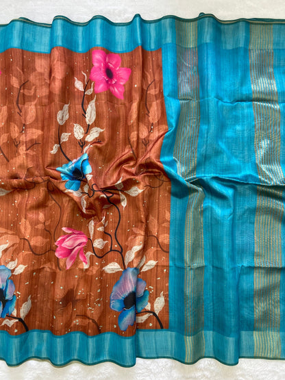 Rust and Sky Blue Tussar Silk Printed Saree with Contrast Pallu