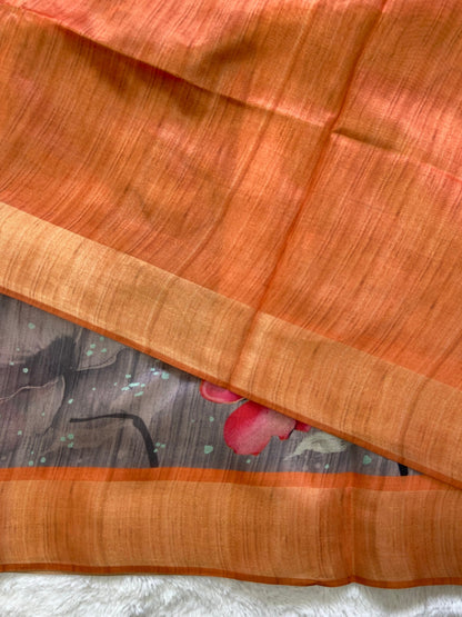 Grey and Orange Tussar Silk Printed Saree with Contrast Pallu