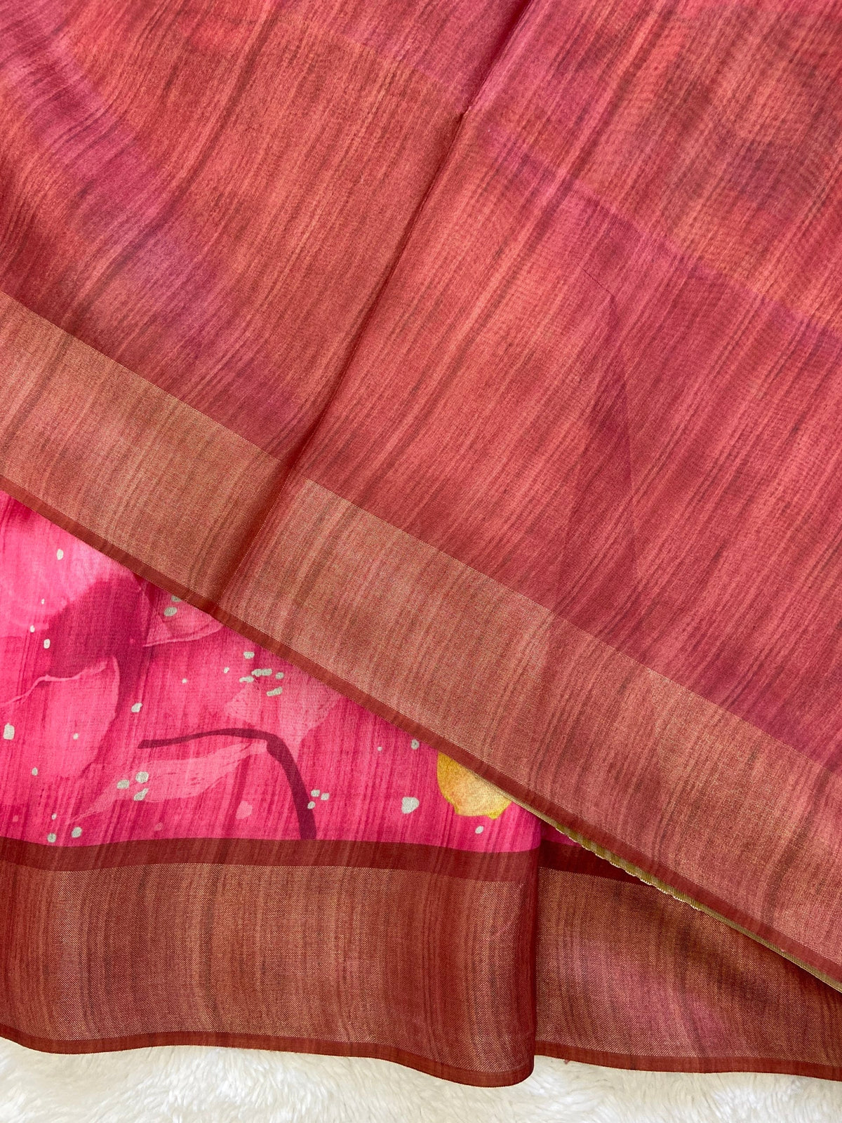 Rani Pink and Maroon Tussar Silk Printed Saree with Contrast Pallu
