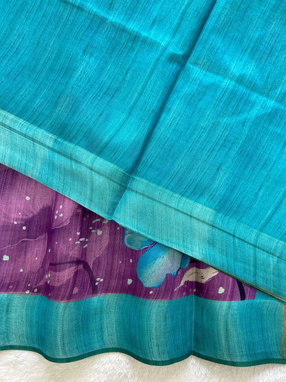 Purple and Sky Blue Tussar Silk Printed Saree with Contrast Pallu
