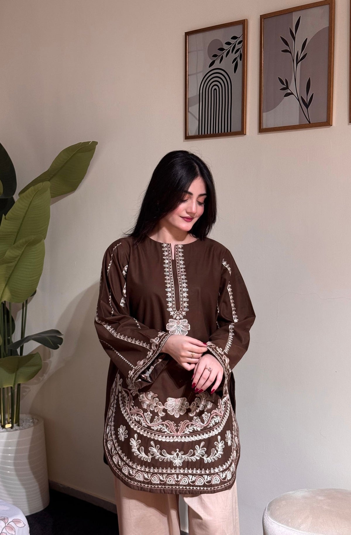 Chocolate Brown Roman Silk Kurti Palazzo Set