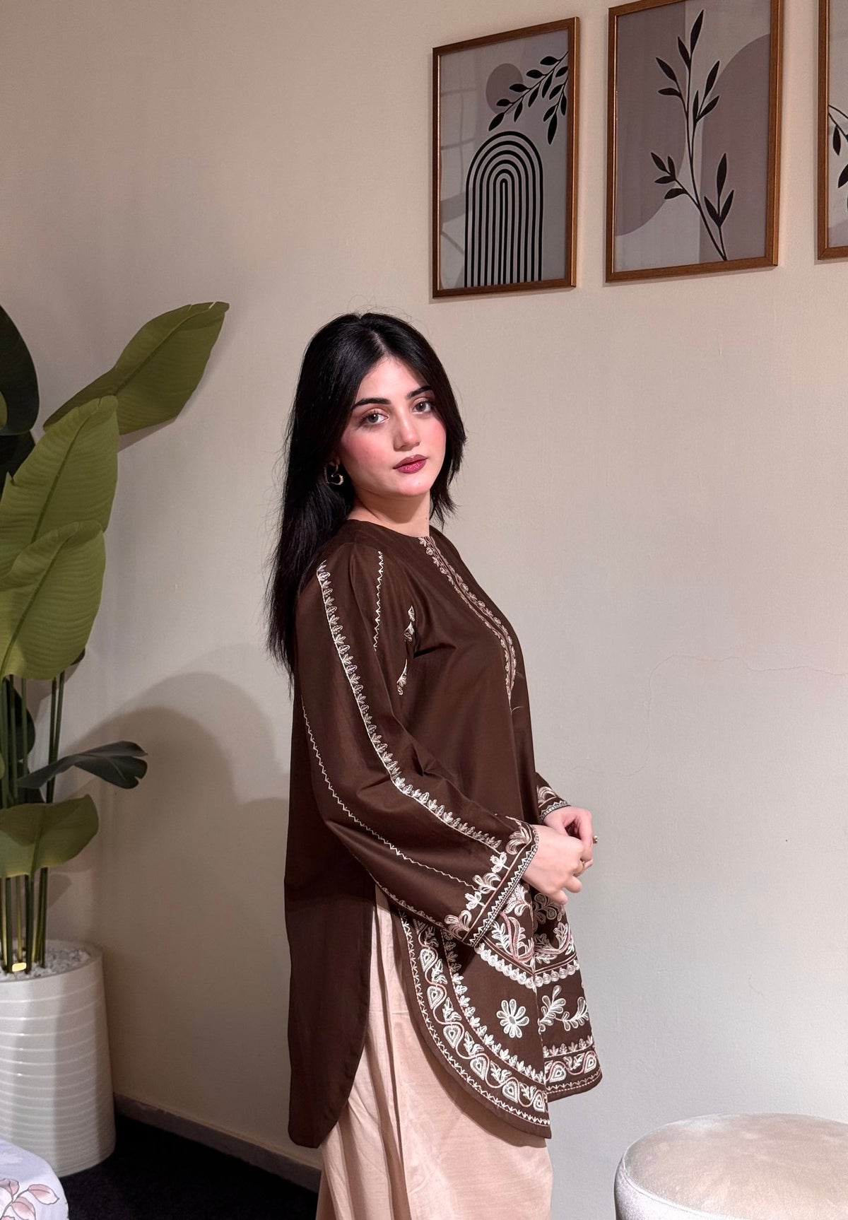 Chocolate Brown Roman Silk Kurti Palazzo Set