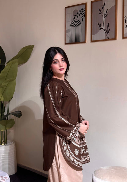 Chocolate Brown Roman Silk Kurti Palazzo Set
