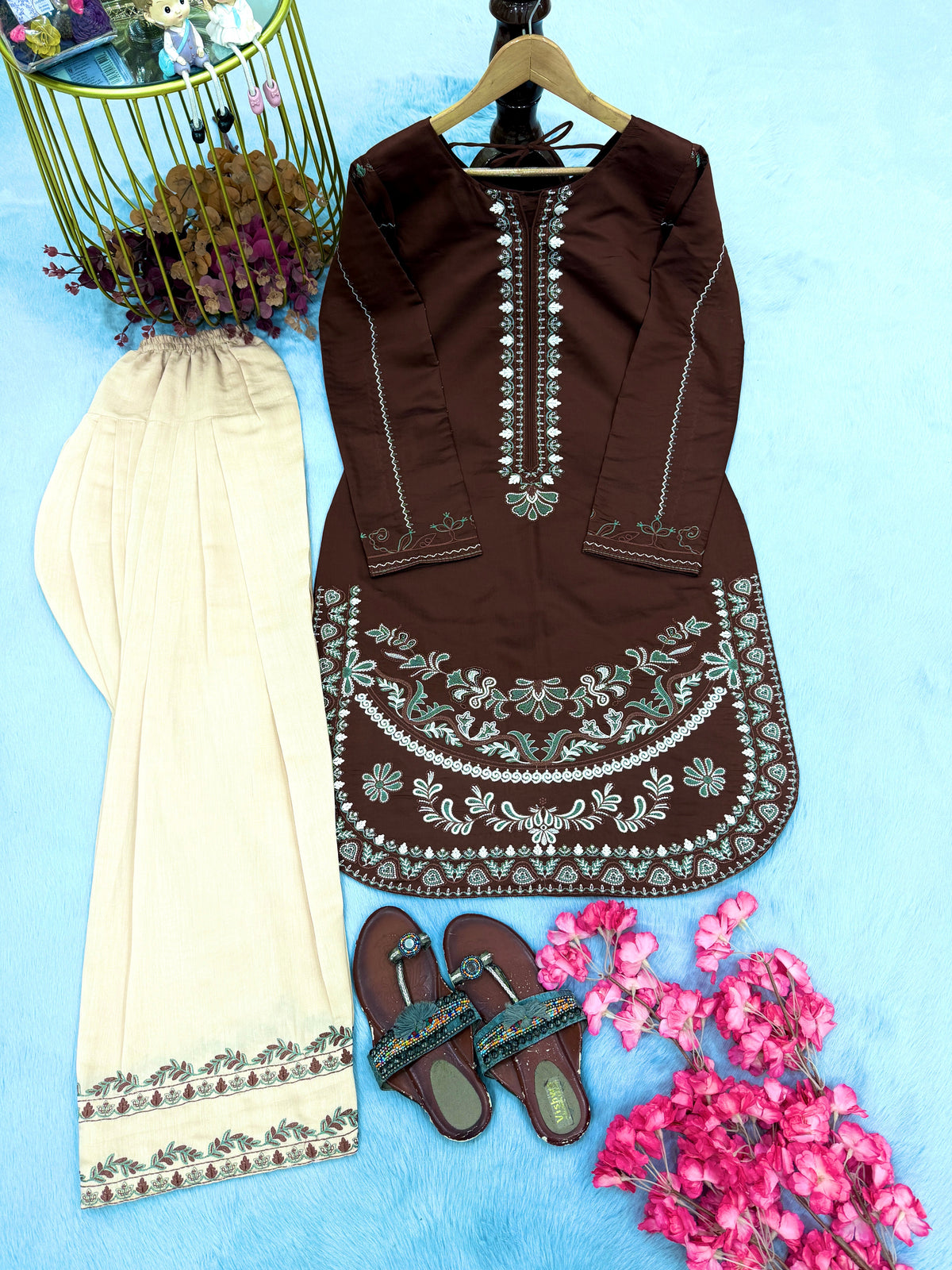 Chocolate Brown Roman Silk Kurti Palazzo Set