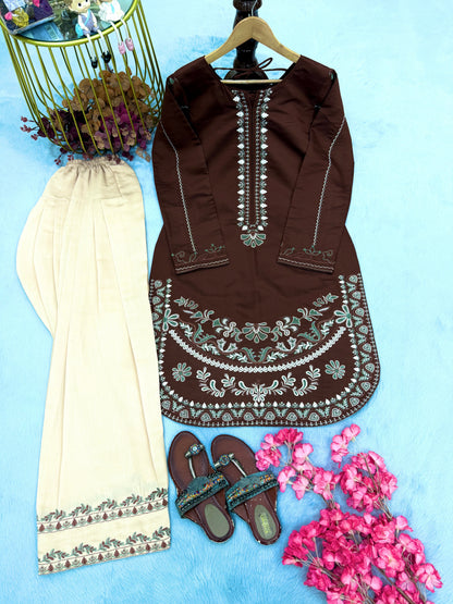 Chocolate Brown Roman Silk Kurti Palazzo Set