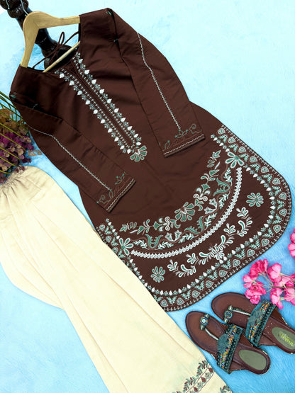 Chocolate Brown Roman Silk Kurti Palazzo Set