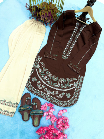 Chocolate Brown Roman Silk Kurti Palazzo Set