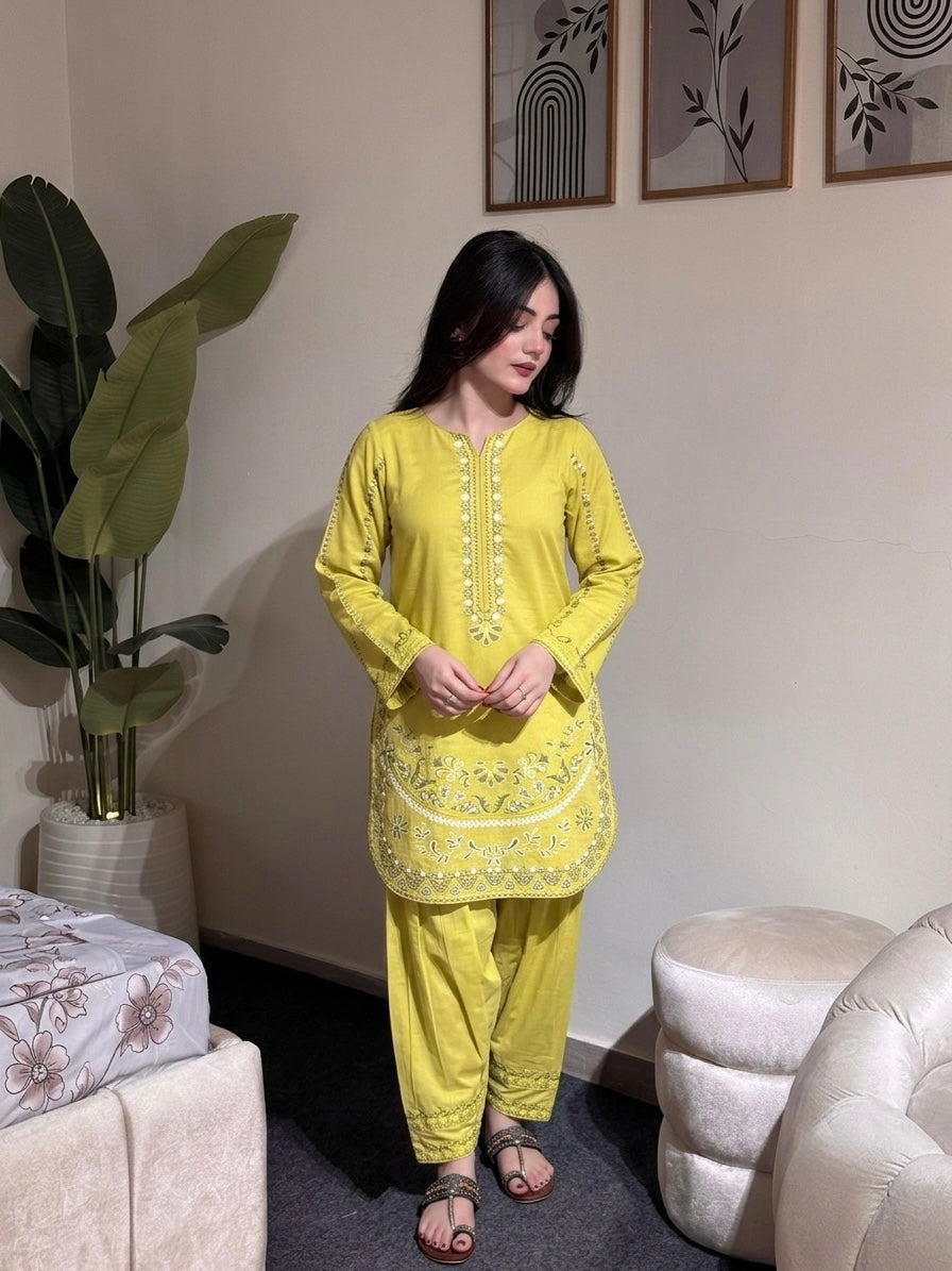 Lime Yellow Roman Silk Kurti Palazzo Set