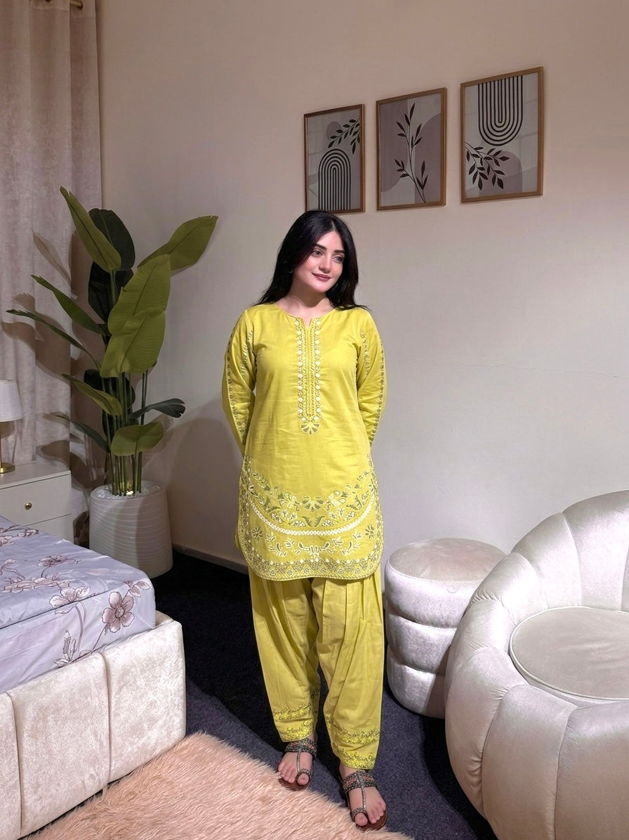 Lime Yellow Roman Silk Kurti Palazzo Set