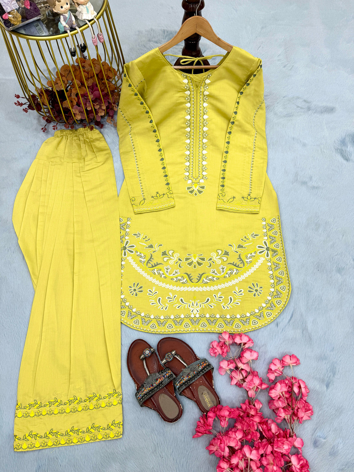Lime Yellow Roman Silk Kurti Palazzo Set