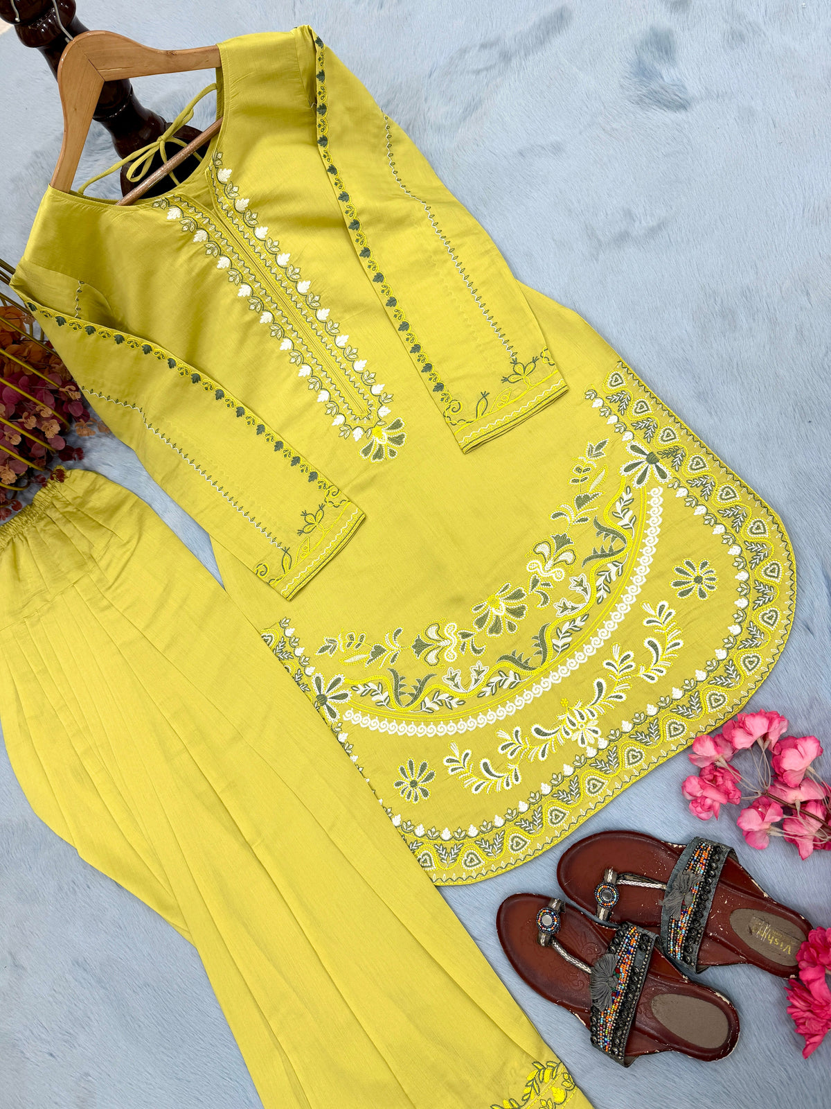 Lime Yellow Roman Silk Kurti Palazzo Set